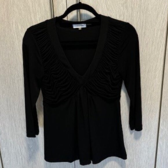Calvin Klein Black Ruched V-Neck Blouse, Size Small - Picture 3 of 5